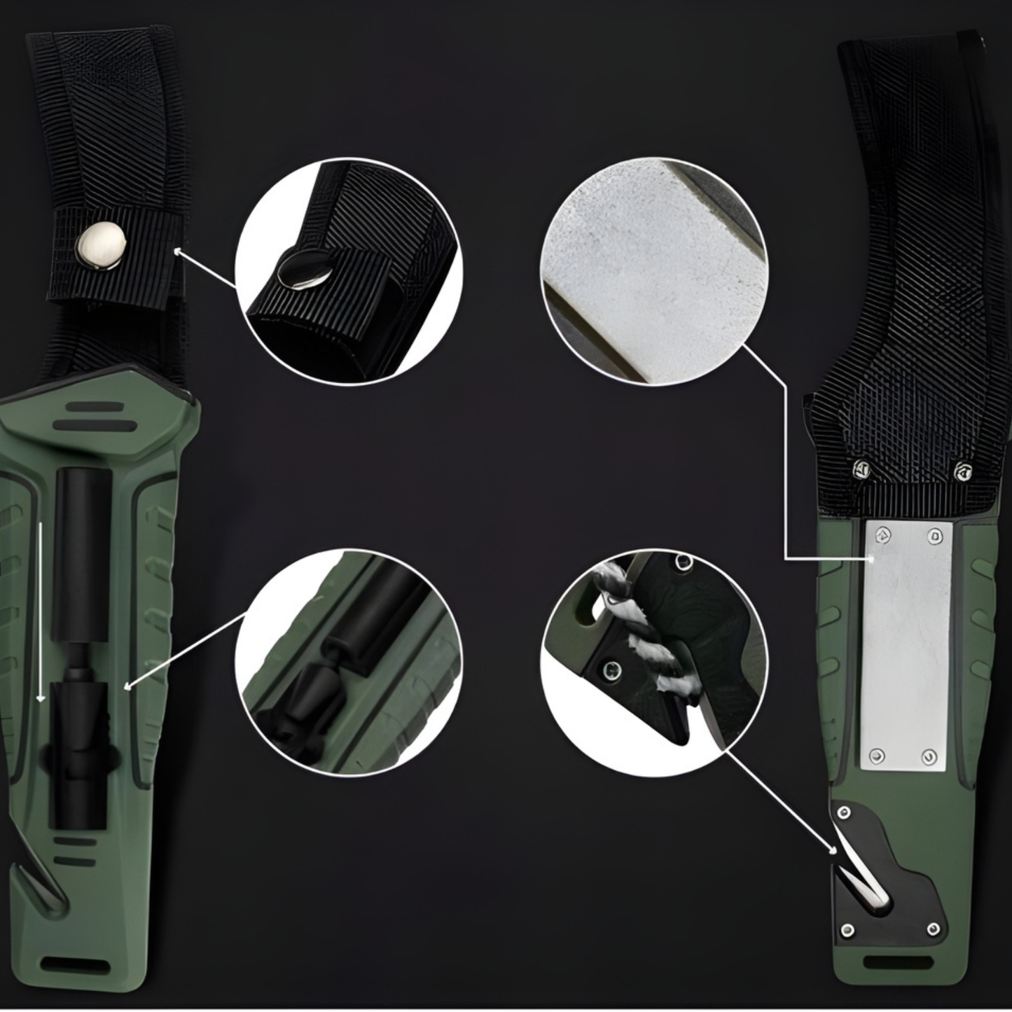 Cutit Outdoor Multifunctional 25 cm cu Husa, Lama Fixa Inox, Aprinzator Foc, Spargator Geam, Taietor Franghie, Cutit Camping si Bushcraft