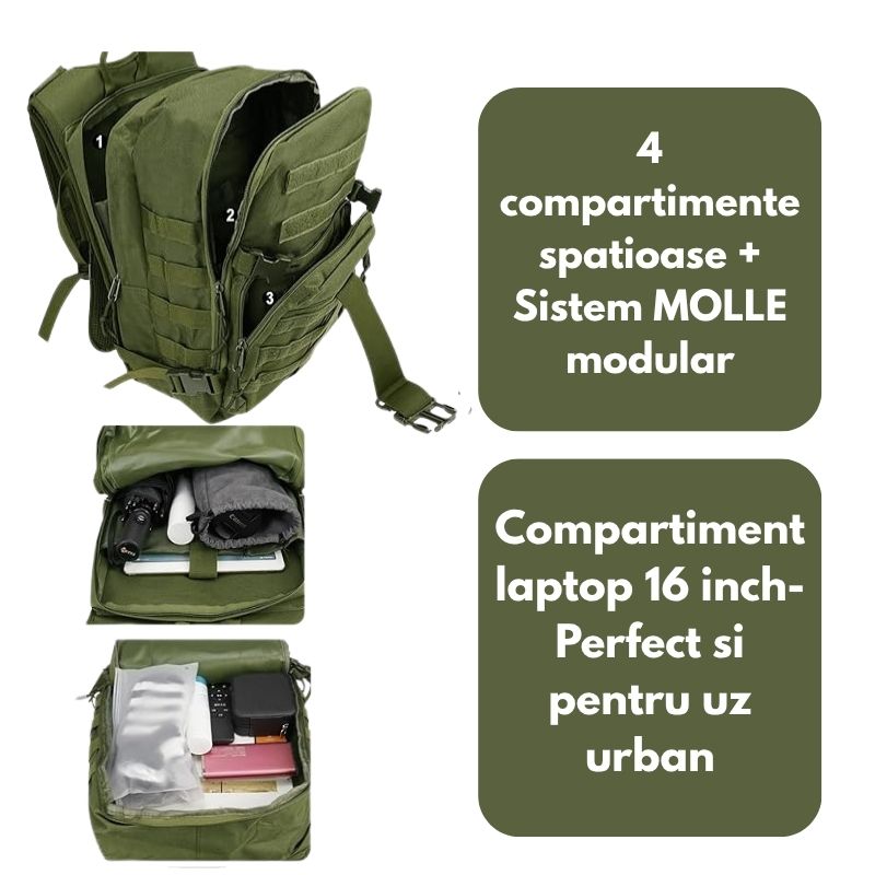 Rucsac militar impermeabil Foxter Tactical 60L verde cu buzunar laptop sistem MOLLE reglabil drumetii camping supravietuire trekking vanatoare pescuit hiking