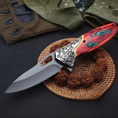 Cutit Pliabil Outdoor 20 cm, Lama Inox cu Blocare, Maner Metal si Lemn, Clip Curea, Cutit Multifunctional pentru Camping si Drumetii