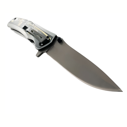 Cutit Pliabil Outdoor 22.5 cm, Lama Inox cu Liner Lock, Maner Lemn Metal Plastic, Clip Curea, Cutit Multifunctional pentru Camping si Drumetii