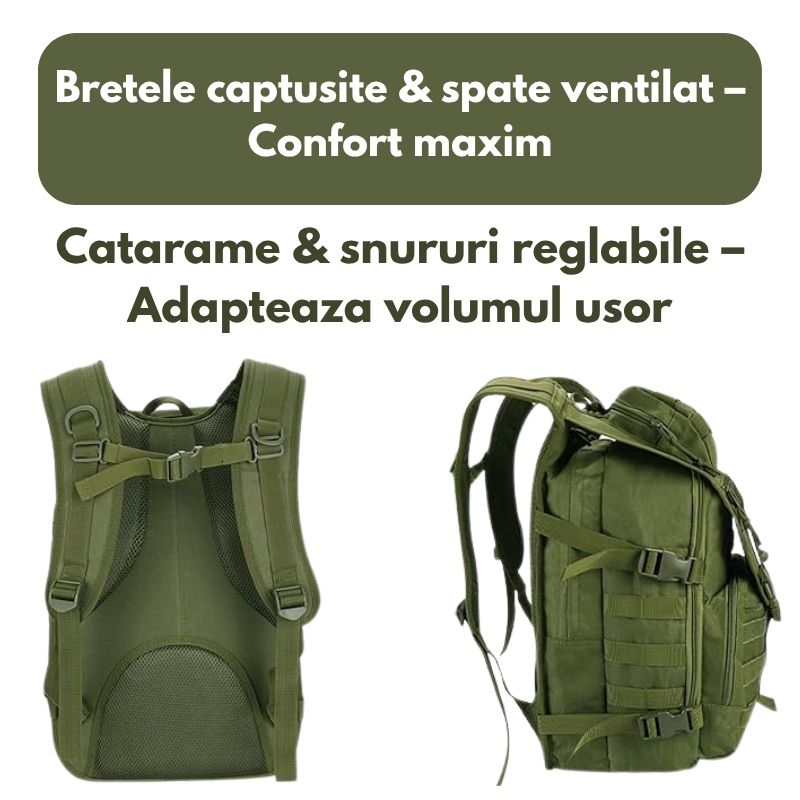 Rucsac militar impermeabil Foxter Tactical 60L verde cu buzunar laptop sistem MOLLE reglabil drumetii camping supravietuire trekking vanatoare pescuit hiking