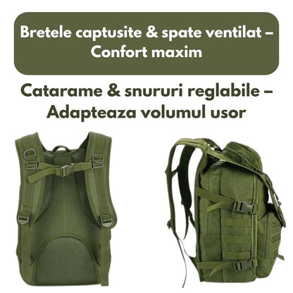 Rucsac militar impermeabil Foxter Tactical 60L verde cu buzunar laptop sistem MOLLE reglabil drumetii camping supravietuire trekking vanatoare pescuit hiking