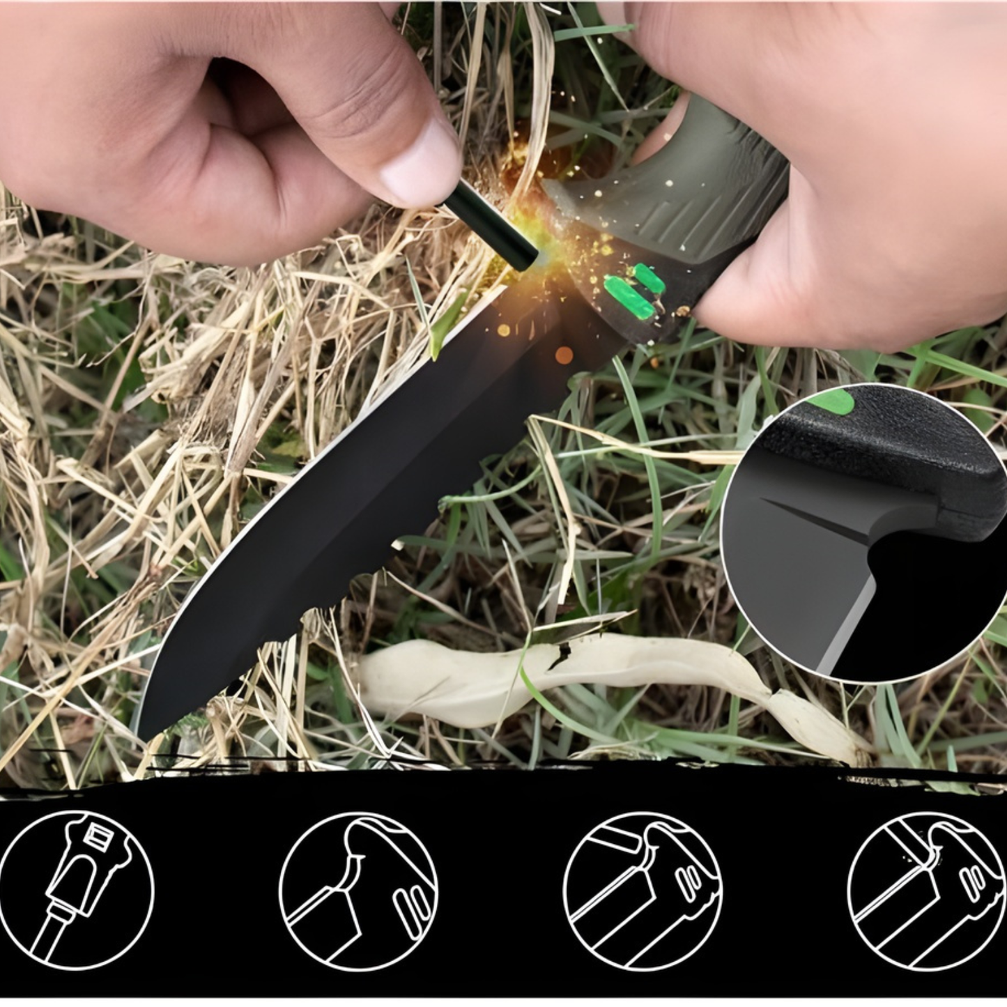 Cutit Outdoor Multifunctional 25 cm cu Husa, Lama Fixa Inox, Aprinzator Foc, Spargator Geam, Taietor Franghie, Cutit Camping si Bushcraft