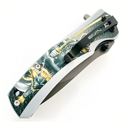 Cutit Pliabil Outdoor 22.5 cm, Lama Inox cu Liner Lock, Maner Lemn Metal Plastic, Clip Curea, Cutit Multifunctional pentru Camping si Drumetii