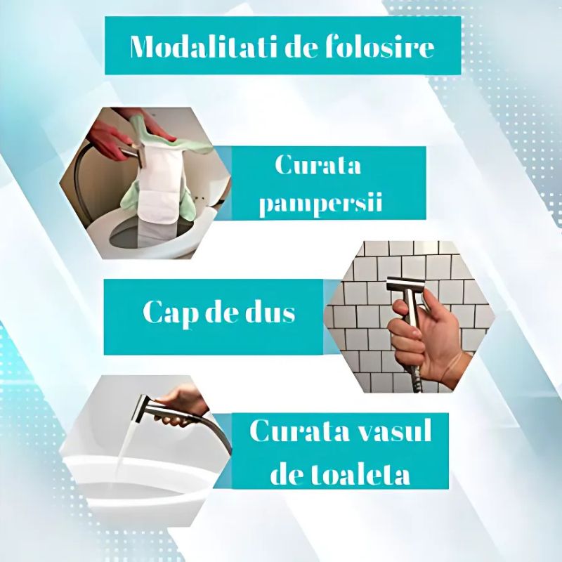 Cap Dus cu Functie Bideu, Cap T, cu Furtun Protectie Metal 1.43 m, Sistem Agatare, Mufa Racord si Accesorii