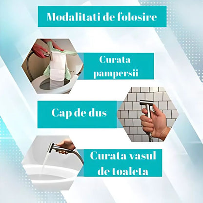 Cap Dus cu Functie Bideu, Cap T, cu Furtun Protectie Metal 1.43 m, Sistem Agatare, Mufa Racord si Accesorii