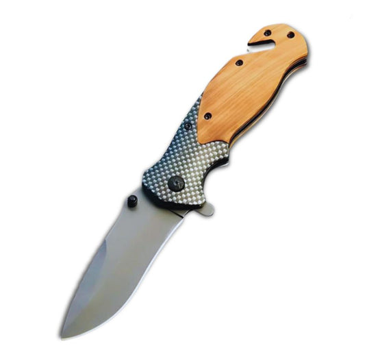 Cutit pliabil tip briceag 21 cm, lama otel calit, maner lemn maslin, cutter centura, spargator sticla, camping, vanatoare, supravietuire, bushcraft