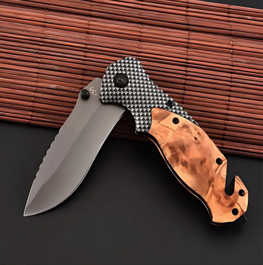 Cutit pliabil tip briceag 21 cm, lama otel calit, maner lemn maslin, cutter centura, spargator sticla, camping, vanatoare, supravietuire, bushcraft