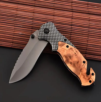 Cutit pliabil tip briceag 21 cm, lama otel calit, maner lemn maslin, cutter centura, spargator sticla, camping, vanatoare, supravietuire, bushcraft