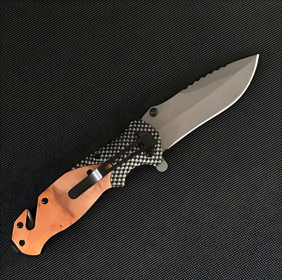 Cutit pliabil tip briceag 21 cm, lama otel calit, maner lemn maslin, cutter centura, spargator sticla, camping, vanatoare, supravietuire, bushcraft