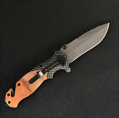 Cutit pliabil tip briceag 21 cm, lama otel calit, maner lemn maslin, cutter centura, spargator sticla, camping, vanatoare, supravietuire, bushcraft