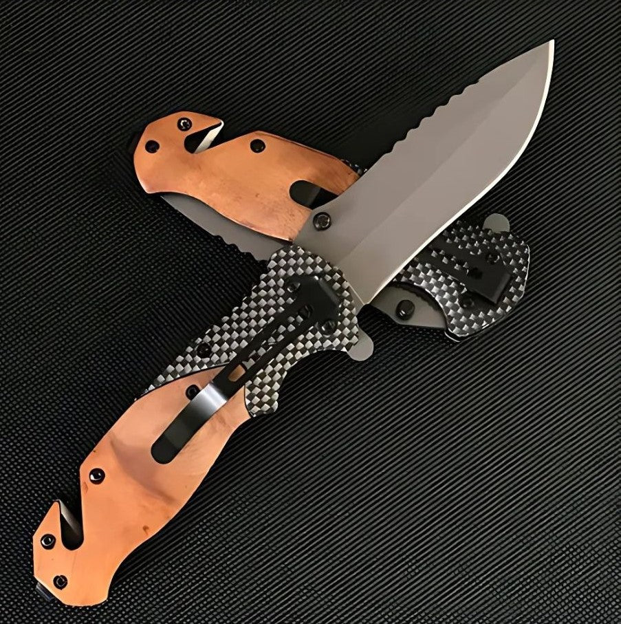 Cutit pliabil tip briceag 21 cm, lama otel calit, maner lemn maslin, cutter centura, spargator sticla, camping, vanatoare, supravietuire, bushcraft