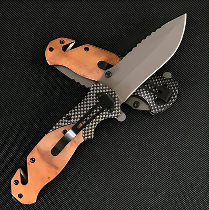 Cutit pliabil tip briceag 21 cm, lama otel calit, maner lemn maslin, cutter centura, spargator sticla, camping, vanatoare, supravietuire, bushcraft