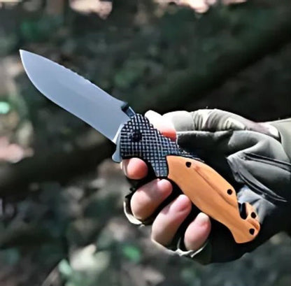Cutit pliabil tip briceag 21 cm, lama otel calit, maner lemn maslin, cutter centura, spargator sticla, camping, vanatoare, supravietuire, bushcraft