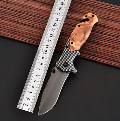 Cutit pliabil tip briceag 21 cm, lama otel calit, maner lemn maslin, cutter centura, spargator sticla, camping, vanatoare, supravietuire, bushcraft