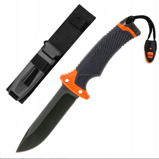 Cutit supravietuire 25 cm, lama fixa otel inoxidabil, maner cauciuc antialunecare, teaca + husa, iasca, fluier, ascutitor, gri mat