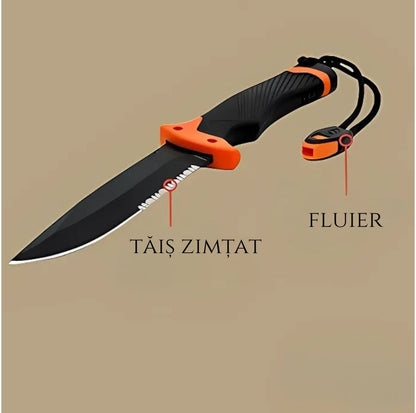 Cutit supravietuire 25 cm, lama fixa otel inoxidabil, maner cauciuc antialunecare, teaca + husa, iasca, fluier, ascutitor, gri mat