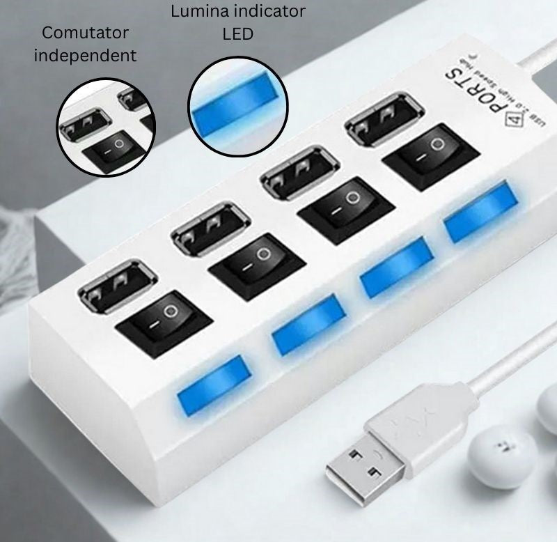 Hub USB 2.0 cu 4 porturi, comutator individual, indicator LED, compatibil universal, transfer date 480 Mbps, Plug & Play, alimentare USB, alb