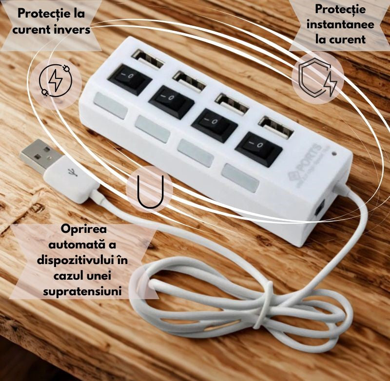 Hub USB 2.0 cu 4 porturi, comutator individual, indicator LED, compatibil universal, transfer date 480 Mbps, Plug & Play, alimentare USB, alb