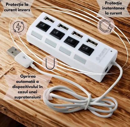 Hub USB 2.0 cu 4 porturi, comutator individual, indicator LED, compatibil universal, transfer date 480 Mbps, Plug & Play, alimentare USB, alb