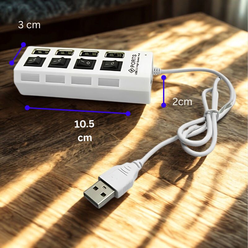 Hub USB 2.0 cu 4 porturi, comutator individual, indicator LED, compatibil universal, transfer date 480 Mbps, Plug & Play, alimentare USB, alb