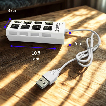 Hub USB 2.0 cu 4 porturi, comutator individual, indicator LED, compatibil universal, transfer date 480 Mbps, Plug & Play, alimentare USB, alb