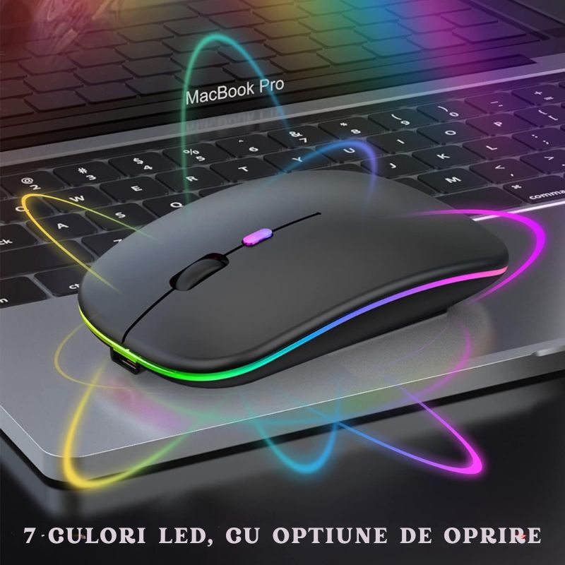 Mouse optic wireless cu iluminare LED RGB, negru, USB si Bluetooth, 3 trepte DPI, baterie reincarcabila, plug & play, compatibil PC si laptop