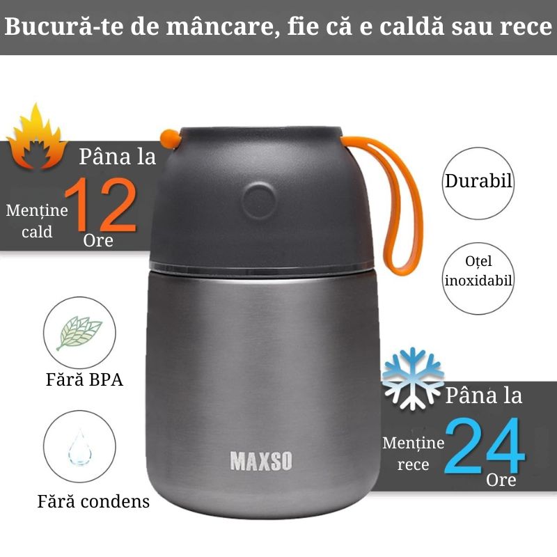 Termos alimente 650 ml inox cu capac bol, lingura pliabila, izolatie termica, etans, mancare calda sau rece, pranz birou scoala calatorii