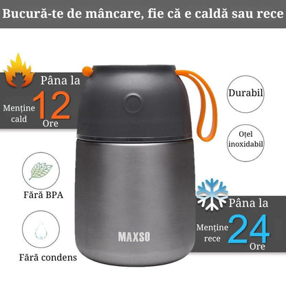 Termos alimente 650 ml inox cu capac bol, lingura pliabila, izolatie termica, etans, mancare calda sau rece, pranz birou scoala calatorii