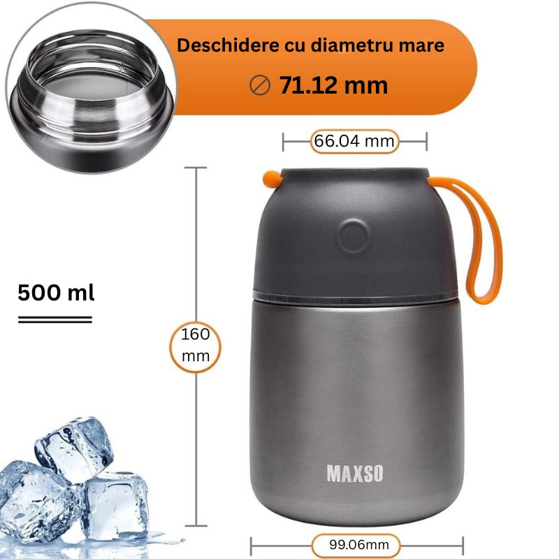 Termos alimente 650 ml inox cu capac bol, lingura pliabila, izolatie termica, etans, mancare calda sau rece, pranz birou scoala calatorii