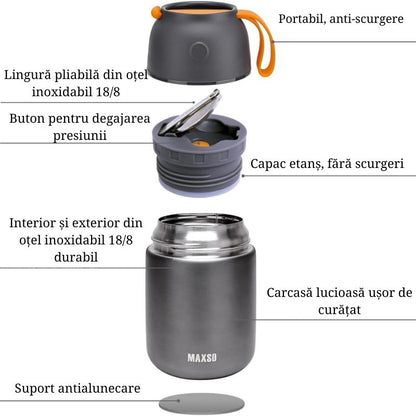 Termos alimente 650 ml inox cu capac bol, lingura pliabila, izolatie termica, etans, mancare calda sau rece, pranz birou scoala calatorii