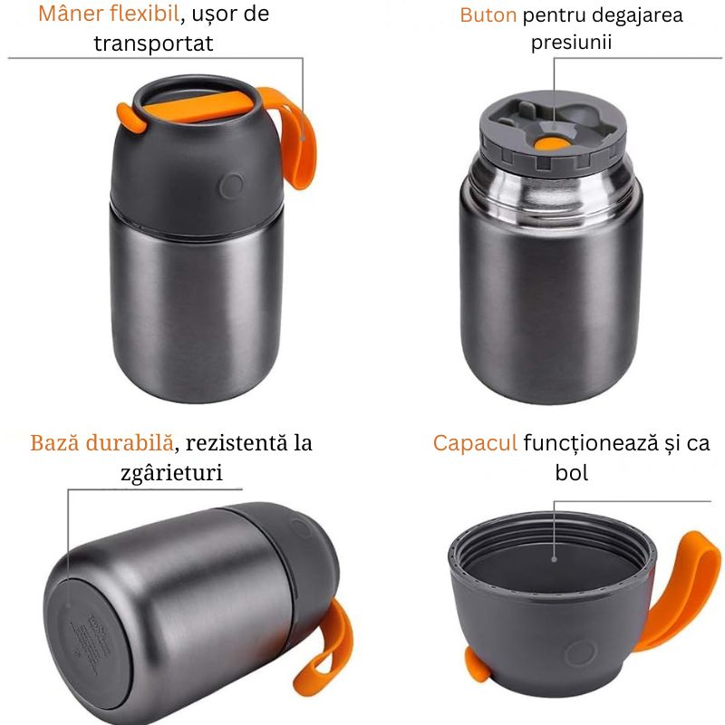 Termos alimente 650 ml inox cu capac bol, lingura pliabila, izolatie termica, etans, mancare calda sau rece, pranz birou scoala calatorii