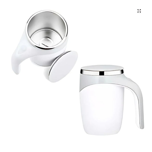 Cana Electrica Cu Auto Amestecare, Mixer Magnetic Cafea, Inox, Termos, USB, 380ml, Alb-Gri
