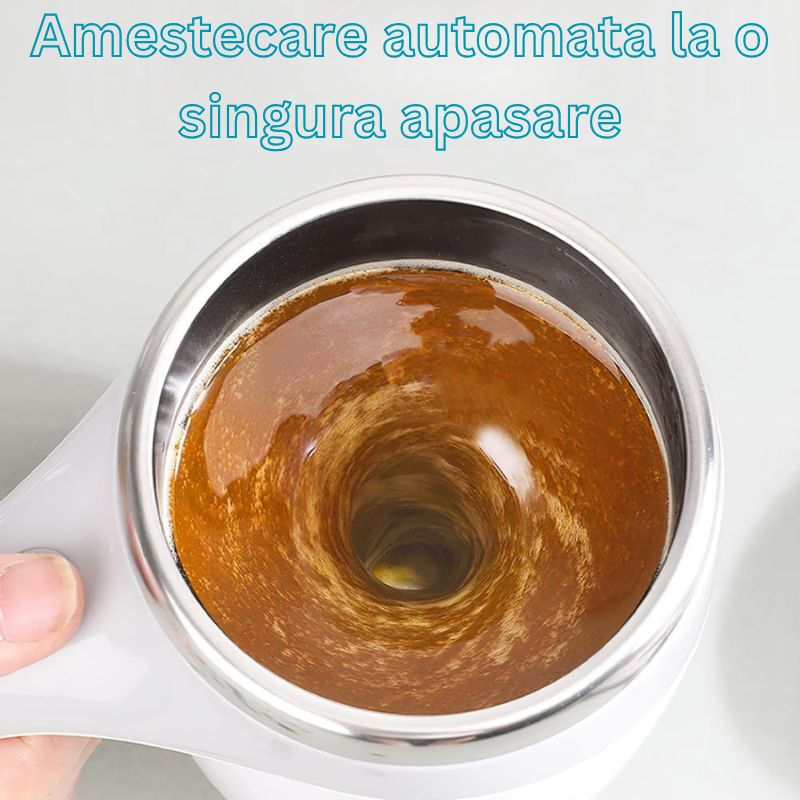 Cana Electrica Cu Auto Amestecare, Mixer Magnetic Cafea, Inox, Termos, USB, 380ml, Alb-Gri