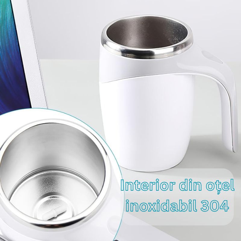 Cana Electrica Cu Auto Amestecare, Mixer Magnetic Cafea, Inox, Termos, USB, 380ml, Alb-Gri