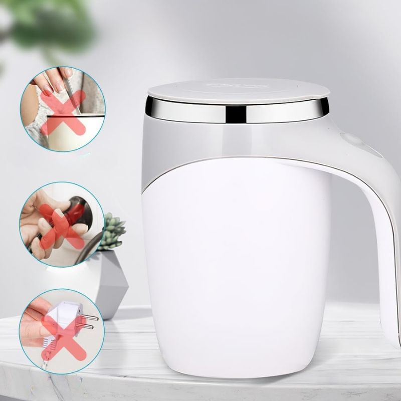 Cana Electrica Cu Auto Amestecare, Mixer Magnetic Cafea, Inox, Termos, USB, 380ml, Alb-Gri