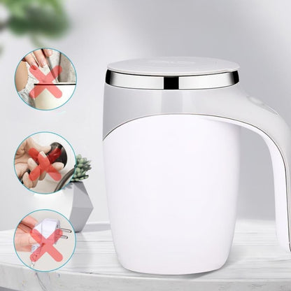 Cana Electrica Cu Auto Amestecare, Mixer Magnetic Cafea, Inox, Termos, USB, 380ml, Alb-Gri