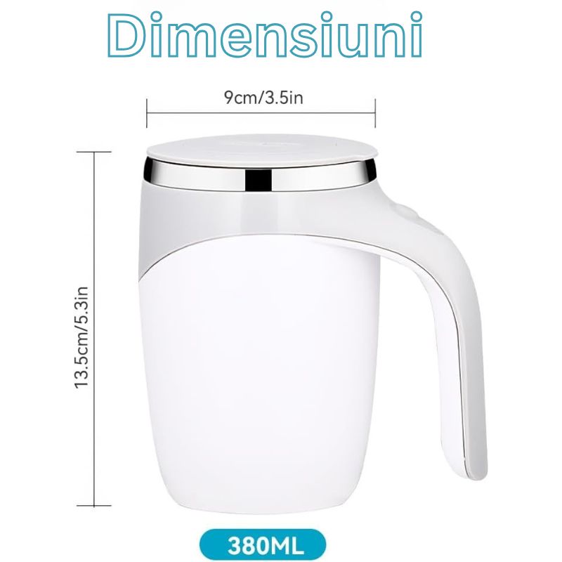 Cana Electrica Cu Auto Amestecare, Mixer Magnetic Cafea, Inox, Termos, USB, 380ml, Alb-Gri