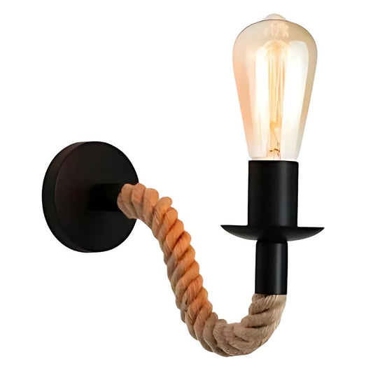 Lampa de perete decorativa cu brat din sfoara de iuta, prindere E27, rotatie 360 grade, montaj pe perete, alimentare la priza, design loft industrial